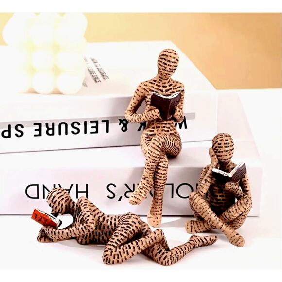 Reading Woman Sculptures Shelf Sitting 3 pcs Set Brown - Picture 1 of 4